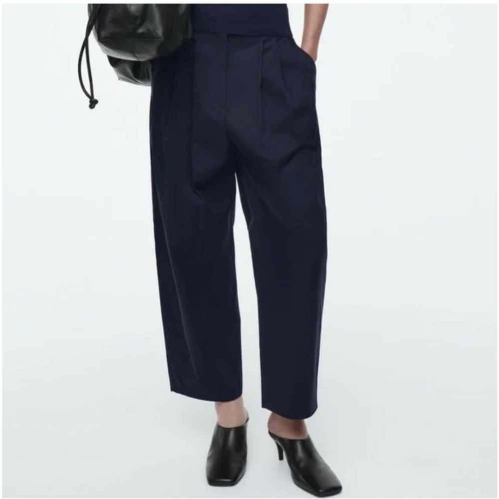 COS Pleated Barrel Leg Cotton Pants, Navy